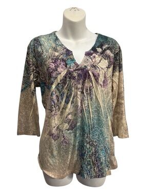 Christopher & Banks Floral Print V-Neck 3/4 Sleeve Women’s Top - Multicolor sz M